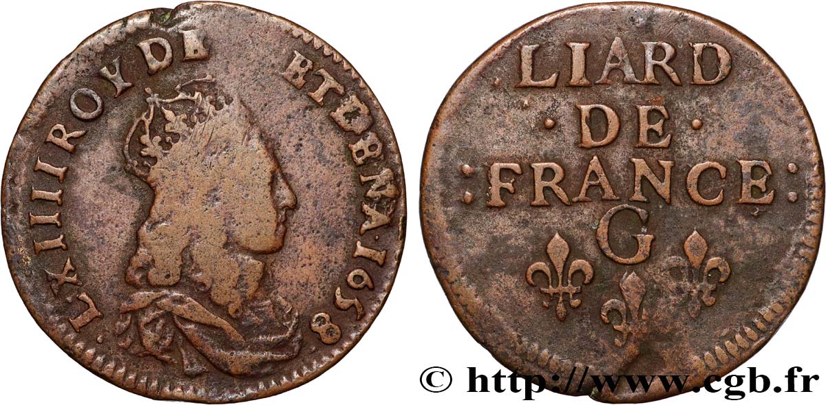 LOUIS XIV LE GRAND OU LE ROI SOLEIL Liard de cuivre, 2e type 1658 Châtellerault TB+
