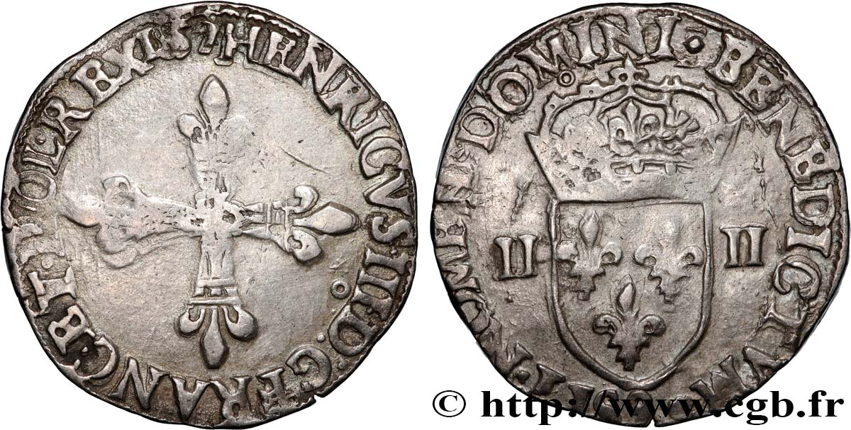 HENRI III Quart d écu, croix de face 1579 Rennes TB+