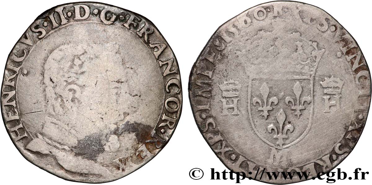FRANCIS II. COINAGE IN THE NAME OF HENRY II Teston à la tête nue, 5e type 1560 Toulouse VF/VF