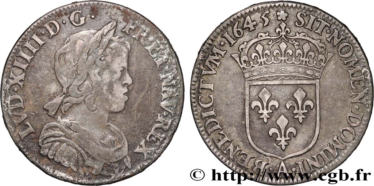 LOUIS XIV  THE SUN KING  Quart d écu, portrait à la mèche courte 1645 Paris, Monnaie du Louvre VF