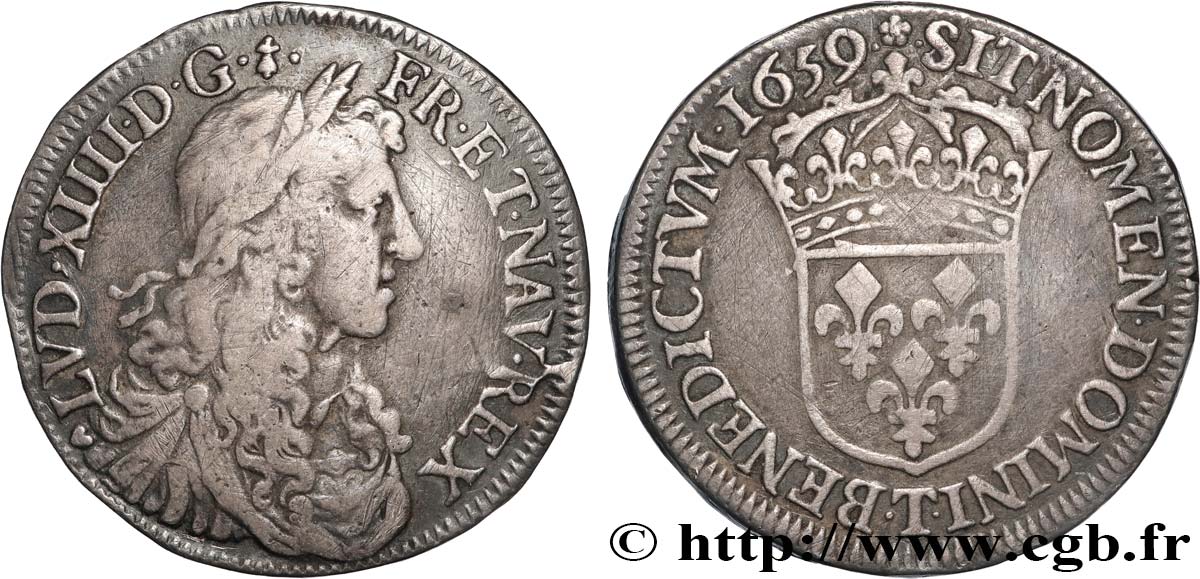 LOUIS XIV  THE SUN KING  Demi-écu, portrait apollinien 1659 Nantes XF