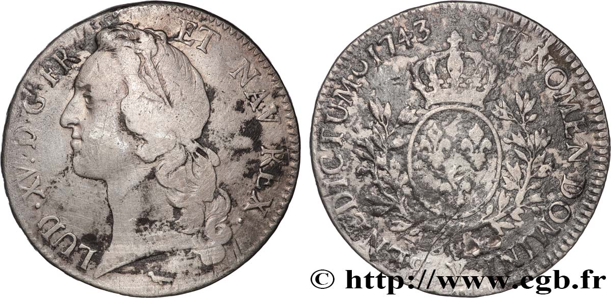 LOUIS XV DIT LE BIEN AIMÉ Écu aux branches d’olivier, tête ceinte d’un bandeau 1743 Bourges TB
