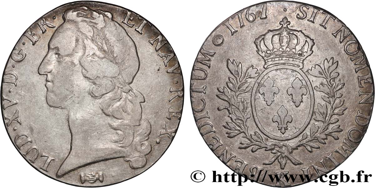 LOUIS XV THE BELOVED Écu aux branches d’olivier, tête ceinte d’un bandeau 1767 Bordeaux VF