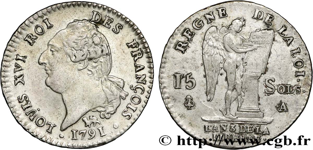 LOUIS XVI (MONARQUE CONSTITUTIONNEL)  15 sols dit  au génie , type FRANÇOIS 1791 Paris TTB+/TTB