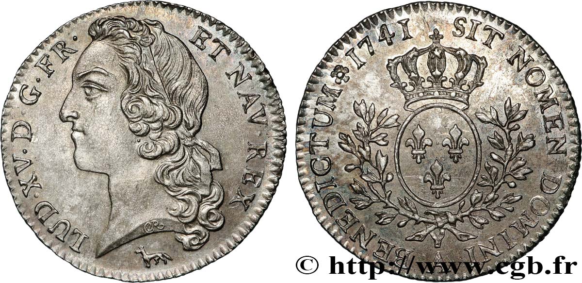 LOUIS XV  THE WELL-BELOVED  Cinquième d’écu aux branches d’olivier, tête ceinte d’un bandeau 1741 Paris SPL/MS