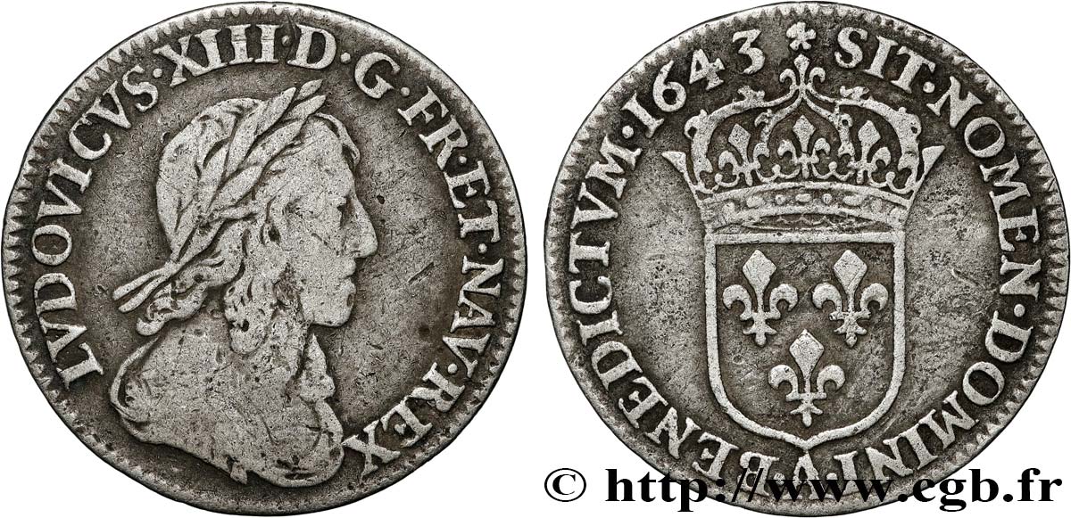LOUIS XIII LE JUSTE Douzième d écu, buste drapé et cuirassé (2e buste de Jean Warin) 1643 Paris, Monnaie de Matignon TB+