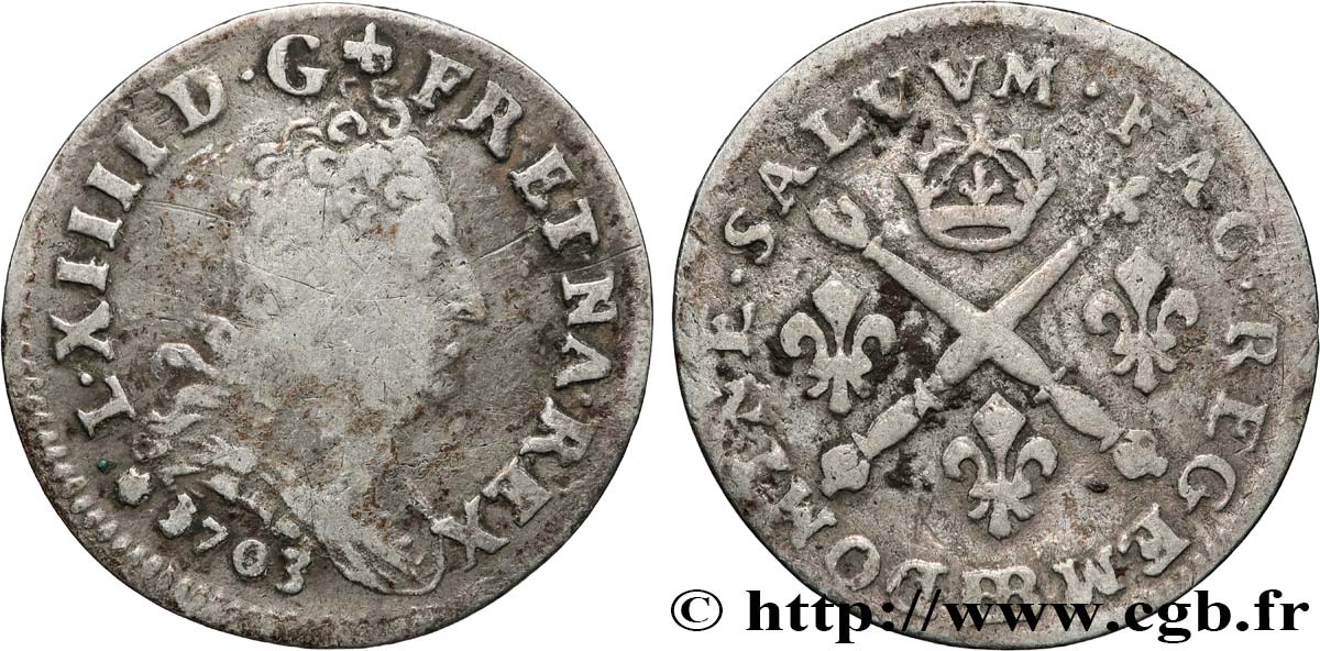 LOUIS XIV LE GRAND OU LE ROI SOLEIL Cinq sols aux insignes 1703 Strasbourg TB+