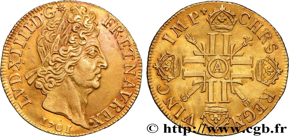 LOUIS XIV  THE SUN KING  Double louis d or aux huit L et aux insignes 1701 Paris SPL