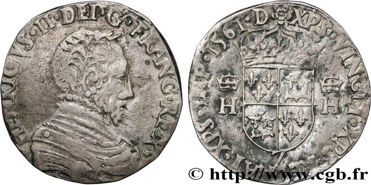 CHARLES IX. COINAGE AT THE NAME OF HENRY II Teston du Dauphiné à la tête nue 1561 Grenoble VF