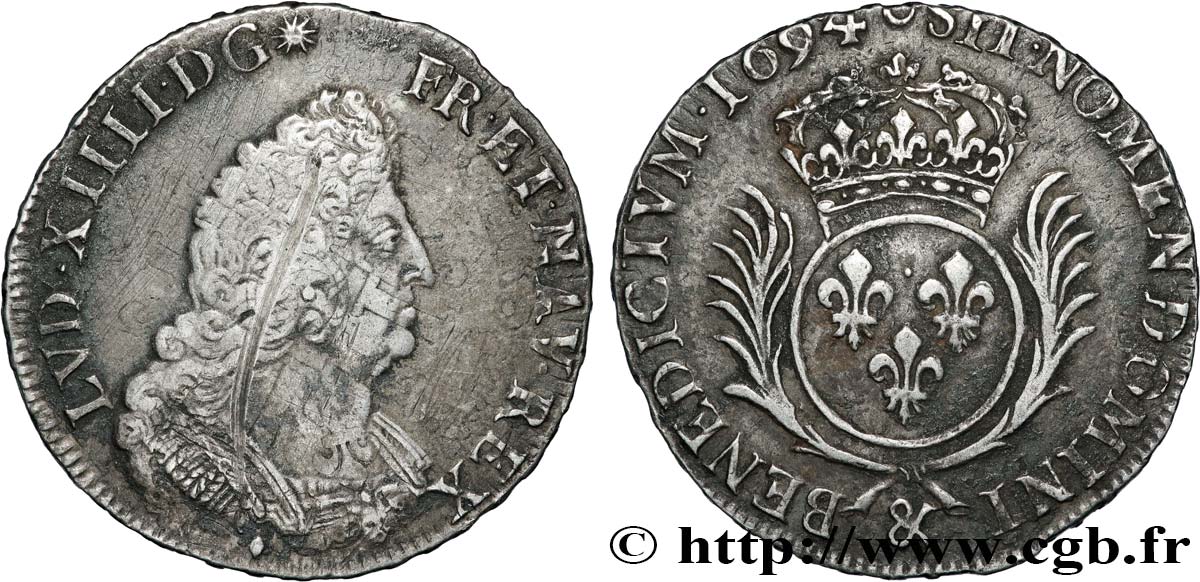 LOUIS XIV  THE SUN KING  Demi-écu aux palmes 1694 Aix-en-Provence VF/XF