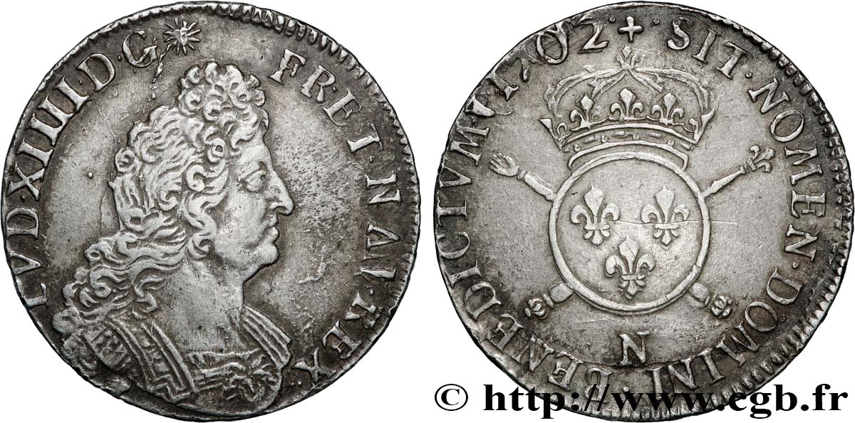 LOUIS XIV  THE SUN KING  Demi-écu aux insignes 1702 Montpellier fVZ/SS