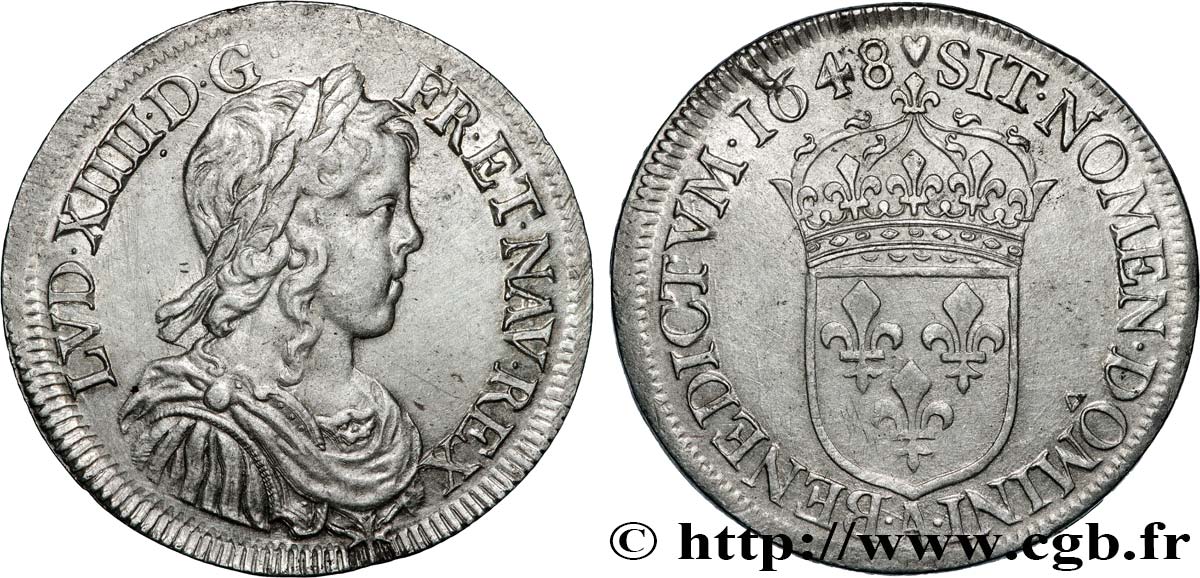 LOUIS XIV  THE SUN KING  Demi-écu, portrait à la mèche longue 1648 Paris AU55