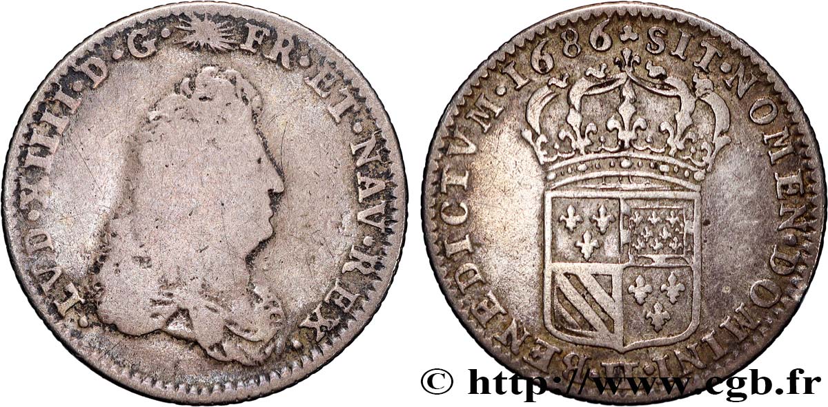 LOUIS XIV  THE SUN KING  Huitième d écu de Flandre 1686 Lille VF/XF