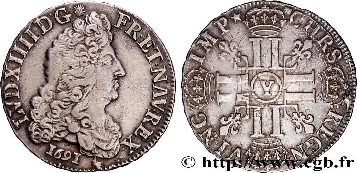 LOUIS XIV  THE SUN KING  Demi-écu aux huit L, 1er type 1691 Bourges fVZ