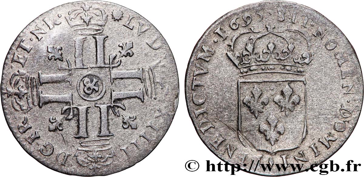 LOUIS XIV LE GRAND OU LE ROI SOLEIL Quinzain aux huit L 1695 Aix-en-Provence TB+