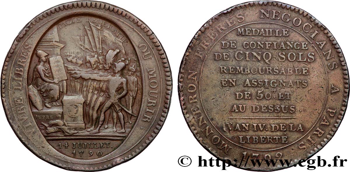 REVOLUTION COINAGE Monneron de 5 sols au serment (An IV), 3e type 1792 Birmingham, Soho BC+