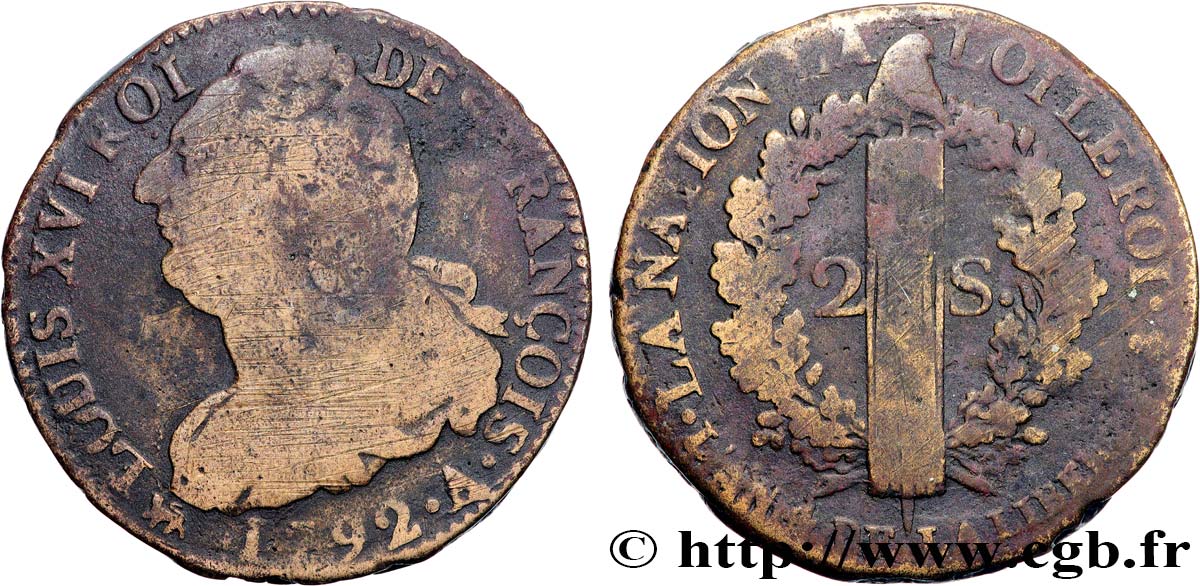 LOUIS XVI 2 sols dit  au faisceau , type FRANÇOIS 1792 Paris q.BB