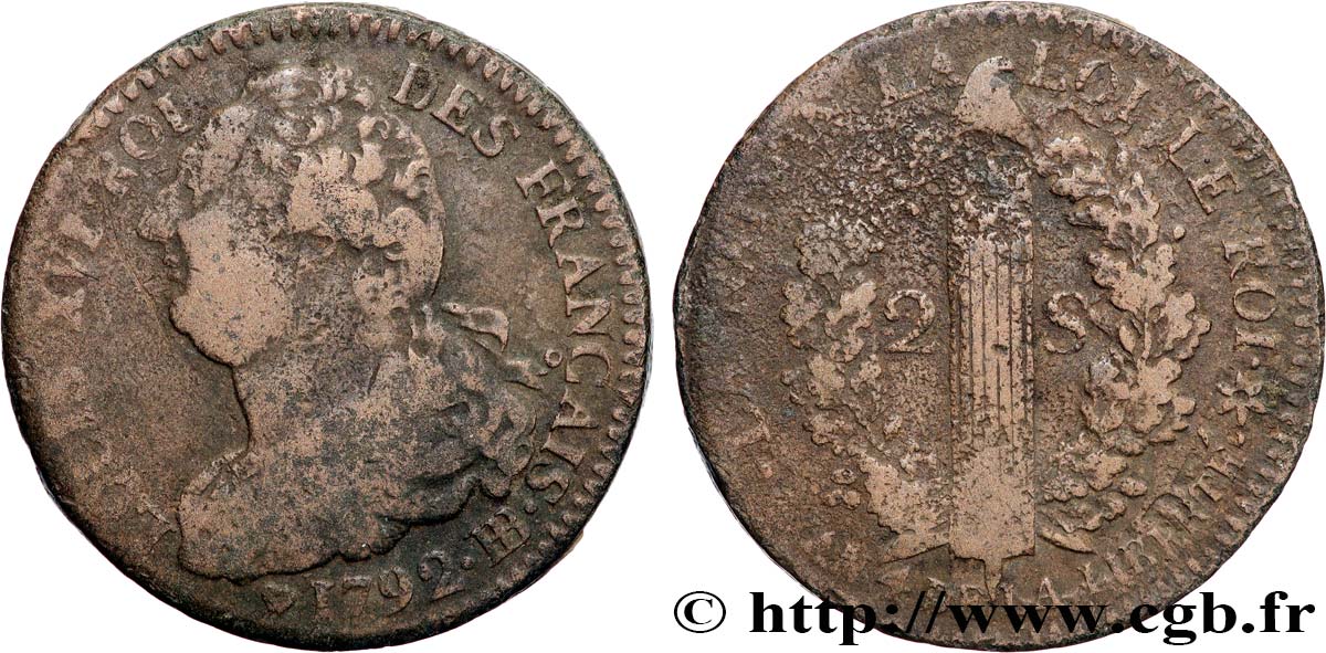 LOUIS XVI 2 sols dit  au faisceau , type FRANÇAIS 1792 Strasbourg q.BB
