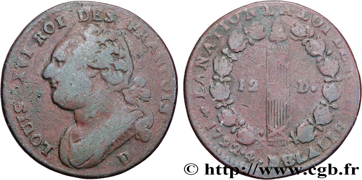 LOUIS XVI (MONARQUE CONSTITUTIONNEL)  12 deniers dit &nbsp;au faisceau&nbsp;, type FRANCOIS 1792 Lyon TB