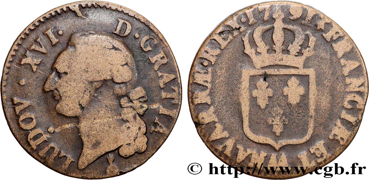 LOUIS XVI Sol dit  à l écu  1791 Metz q.BB