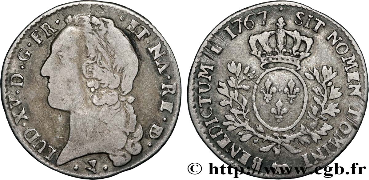 LOUIS XV DIT LE BIEN AIMÉ Cinquième d’écu aux branches d’olivier, tête ceinte d’un bandeau 1767 Pau TB+/TTB