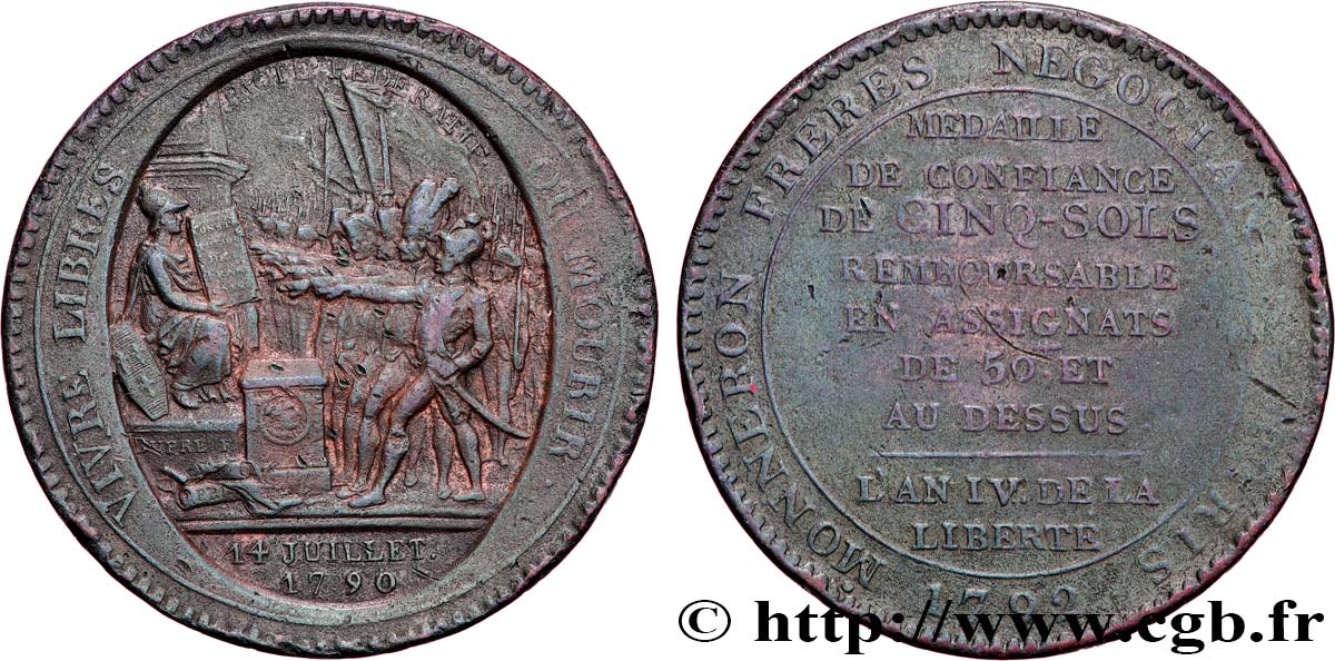 REVOLUTION COINAGE Monneron de 5 sols au serment (An IV), 3e type 1792 Birmingham, Soho fSS