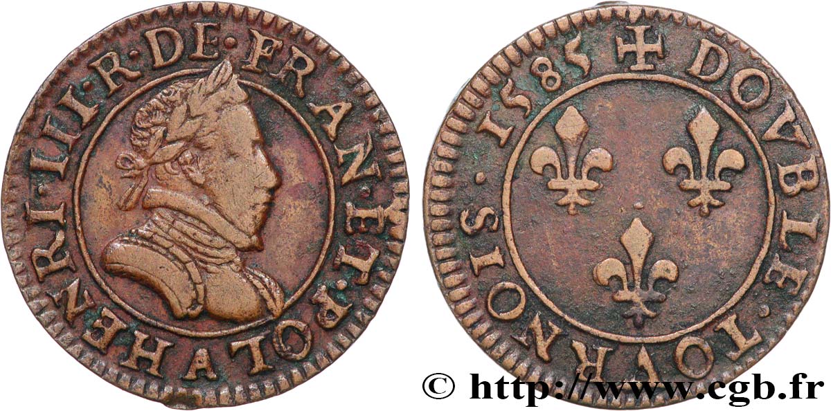HENRI III Double tournois, 3e type de Paris 1585 Paris, Moulin des Étuves TTB+
