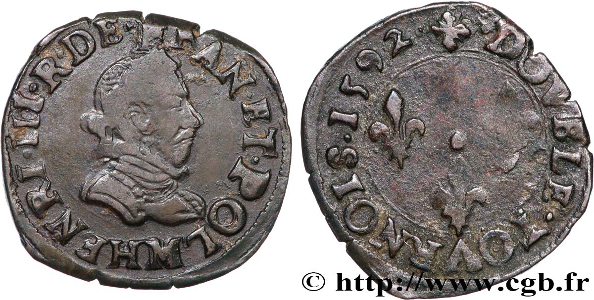 LA LIGUE. MONNAYAGE AU NOM D&nbsp;HENRI III Double tournois, type de Toulouse 1592 Toulouse TB+