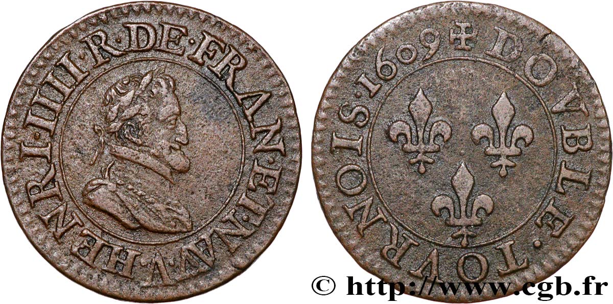 HENRI IV LE GRAND Double tournois, 2e type de Paris (légende française) 1609 Paris, Moulin des Étuves TTB