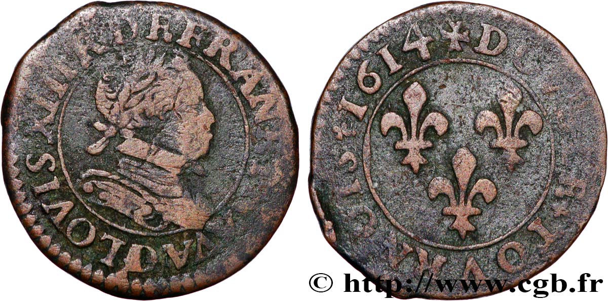 LOUIS XIII  Double tournois, type 3 1614 Lyon VF