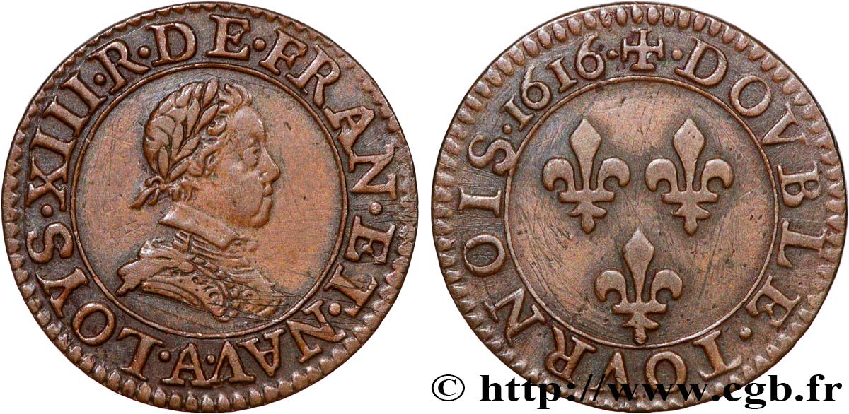LOUIS XIII LE JUSTE Double tournois, type 1 1616 Paris, Moulin du Louvre TTB+