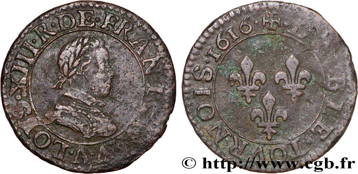 LOUIS XIII Double tournois, type 1 1616 Paris, Moulin du Louvre VF