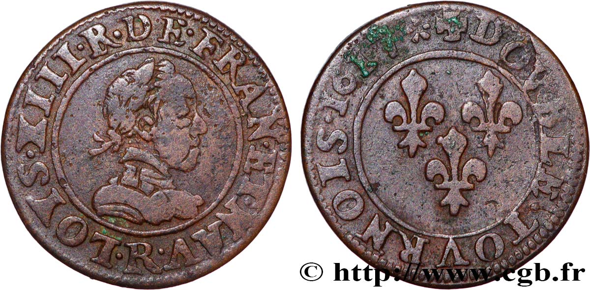 LOUIS XIII LE JUSTE Double tournois, buste adolescent, type 1 1617 Saint-André de Villeneuve-lès-Avignon TB+