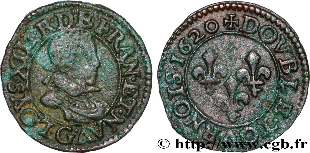 LOUIS XIII  Double tournois, type 2 de Poitiers 1620 Poitiers q.BB