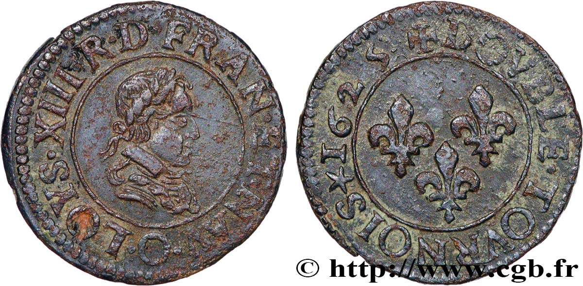 LOUIS XIII LE JUSTE Double tournois, type 4 1625 Riom TTB