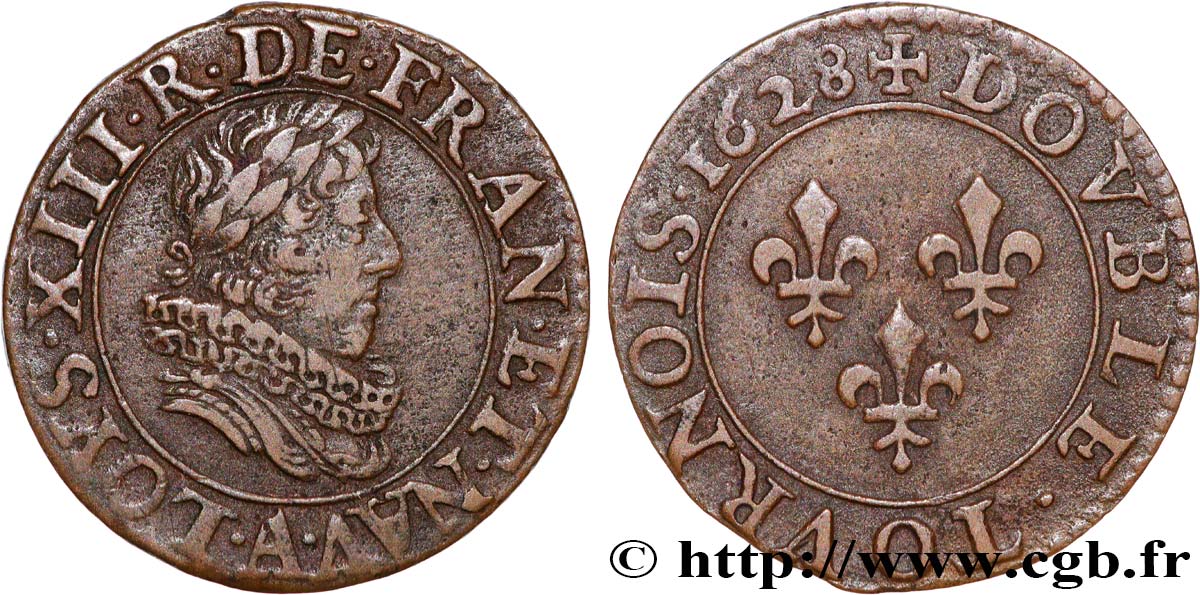 LOUIS XIII LE JUSTE Double tournois, type 5 de Paris 1628 Paris TTB