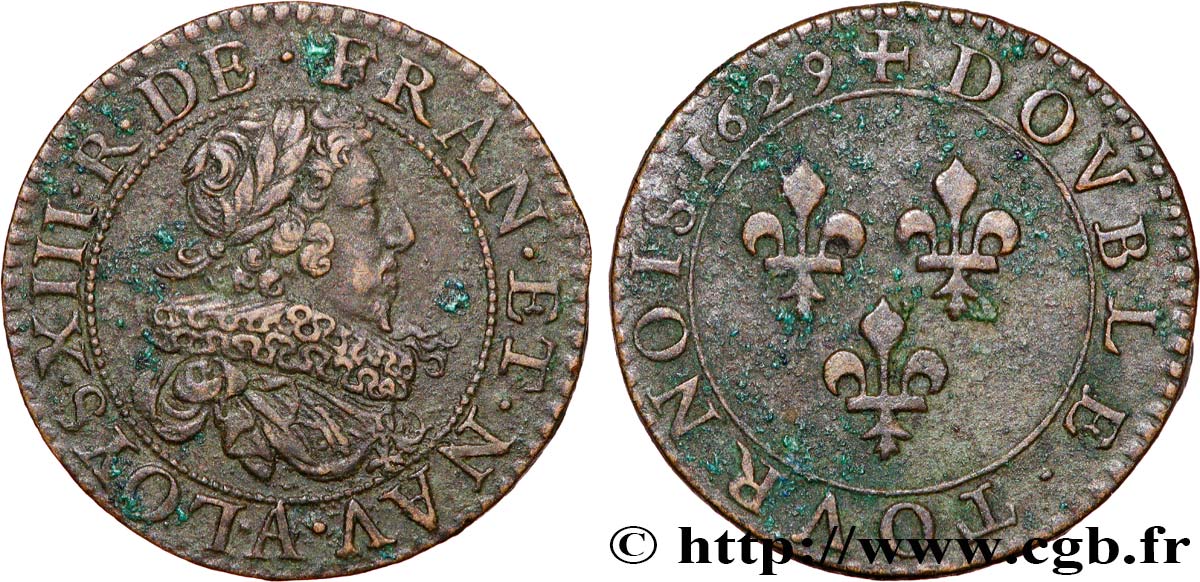 LOUIS XIII LE JUSTE Double tournois, type 6 de Paris 1629 Paris TTB