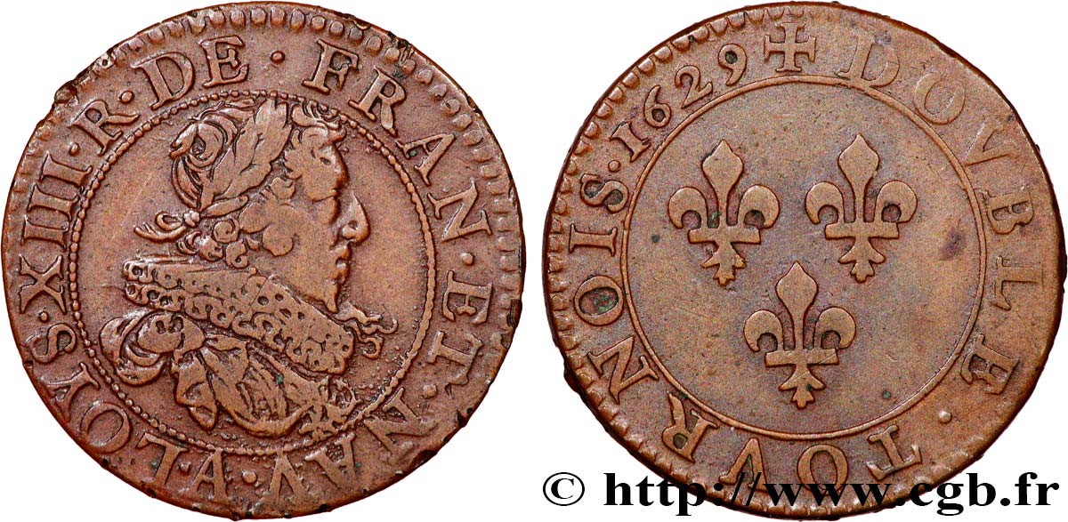 LOUIS XIII LE JUSTE Double tournois, type 6 de Paris 1629 Paris TTB+