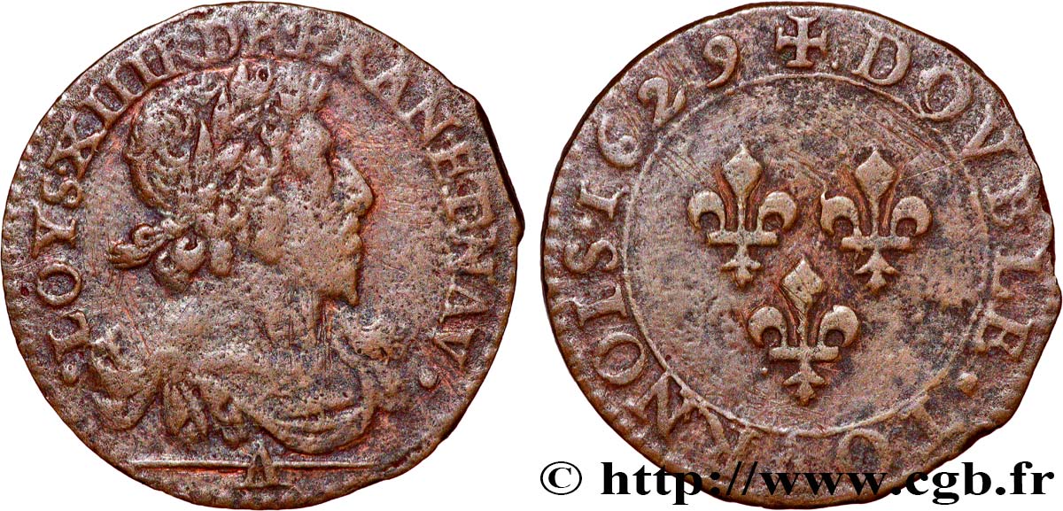 LOUIS XIII  Double tournois, type 7 1629 Paris XF