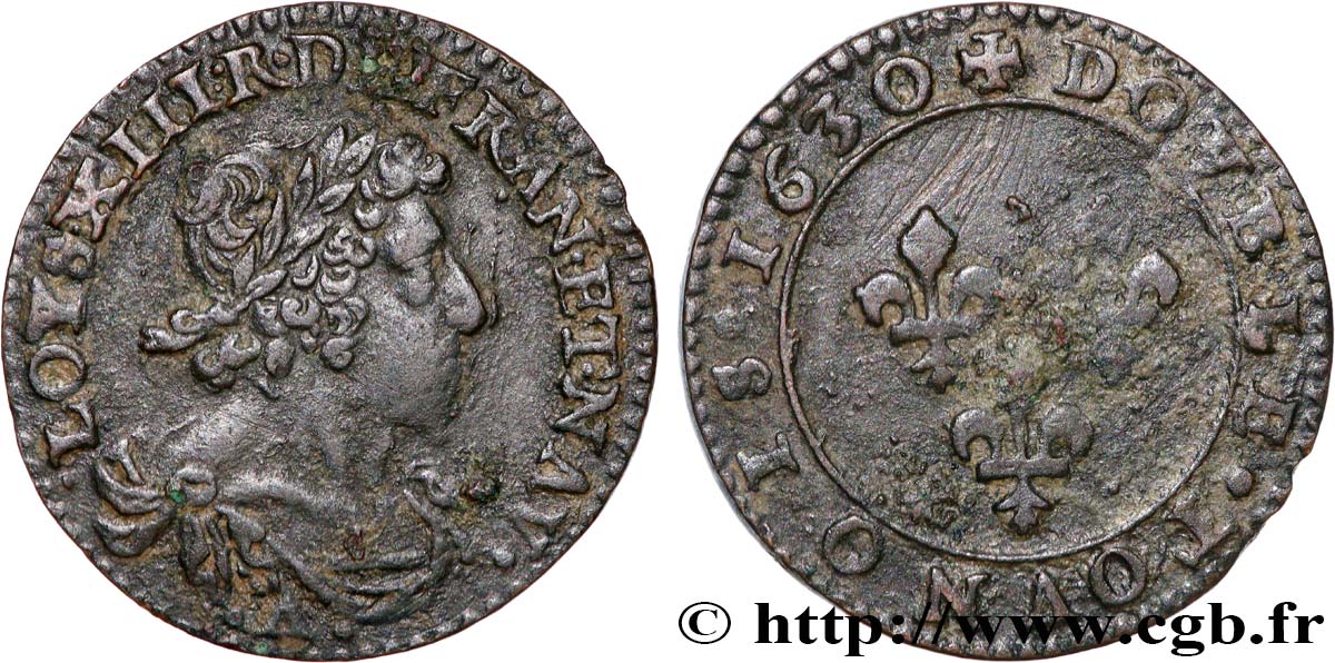 LOUIS XIII  Double tournois, type 7 1630 Paris BB/q.BB