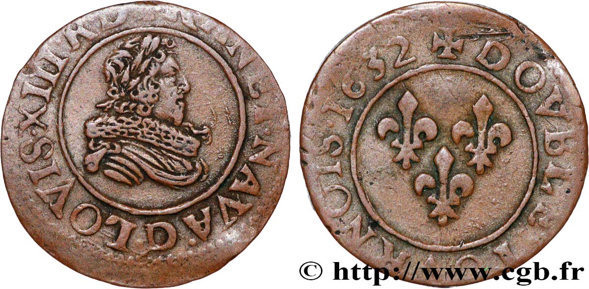 LOUIS XIII Double tournois, type 8 1632 Lyon XF/VF