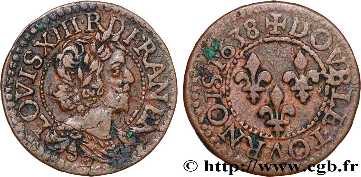 LOUIS XIII  Double tournois, type 12 1638 Tours MBC/BC+