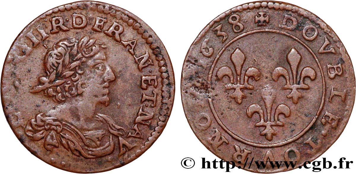 LOUIS XIII  Double tournois au grand buste viril drapé 1638 Ateliers de l’axe Loire-Rhône XF