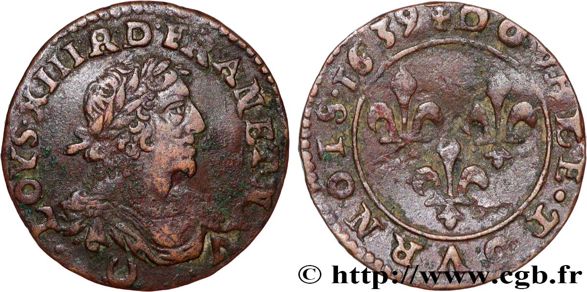 LOUIS XIII  Double tournois, au grand buste viril drapé 1639 Ateliers de l’axe Loire-Rhône q.BB