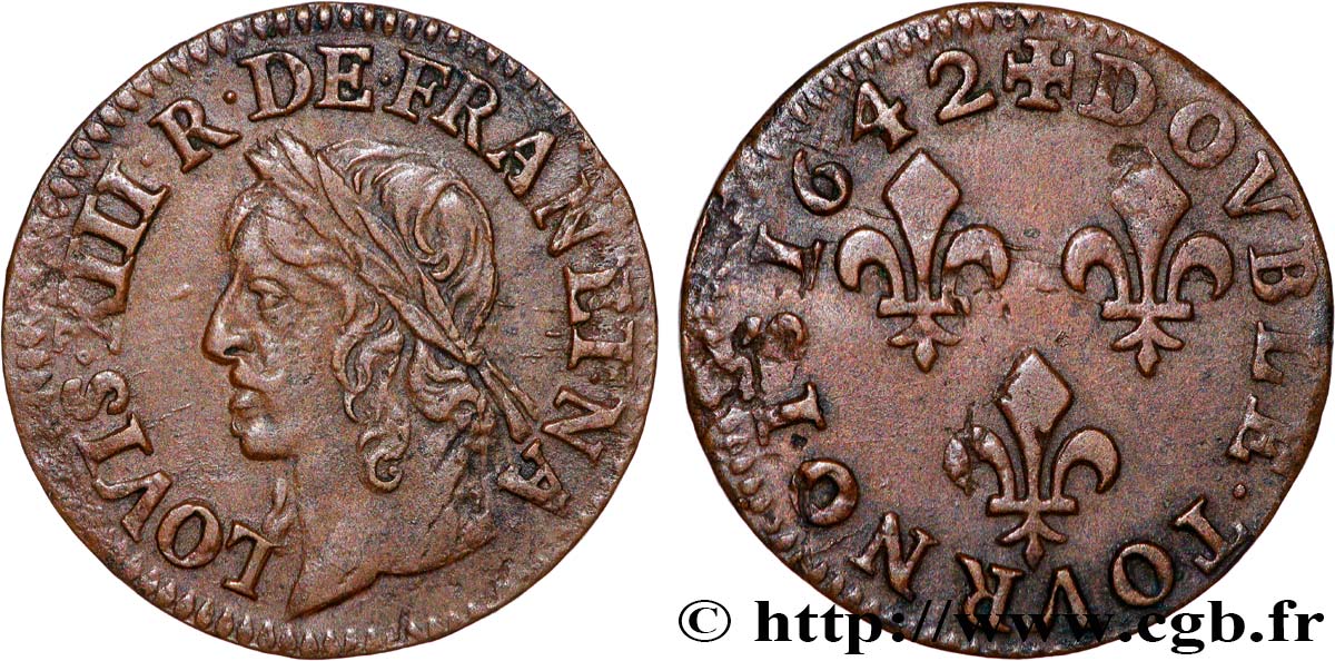 LOUIS XIII  Double tournois à la vieille tête, type de Warin 1642 Atelier indéterminé MBC