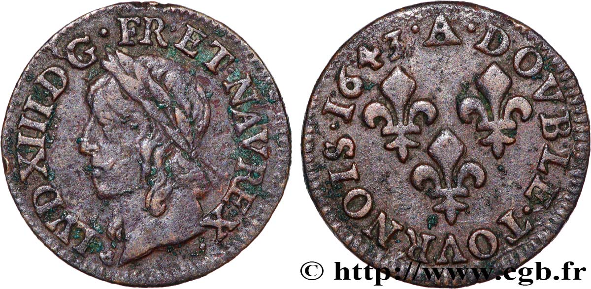 LOUIS XIII LE JUSTE Double tournois, type de Warin 1643 Corbeil TB+