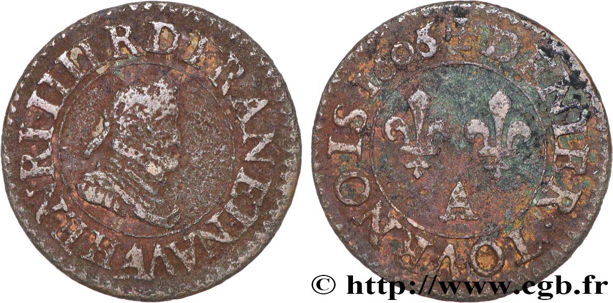 HENRY IV Denier tournois, 1er type de Paris (légende française) 1605 Paris, Moulin des Étuves BC+