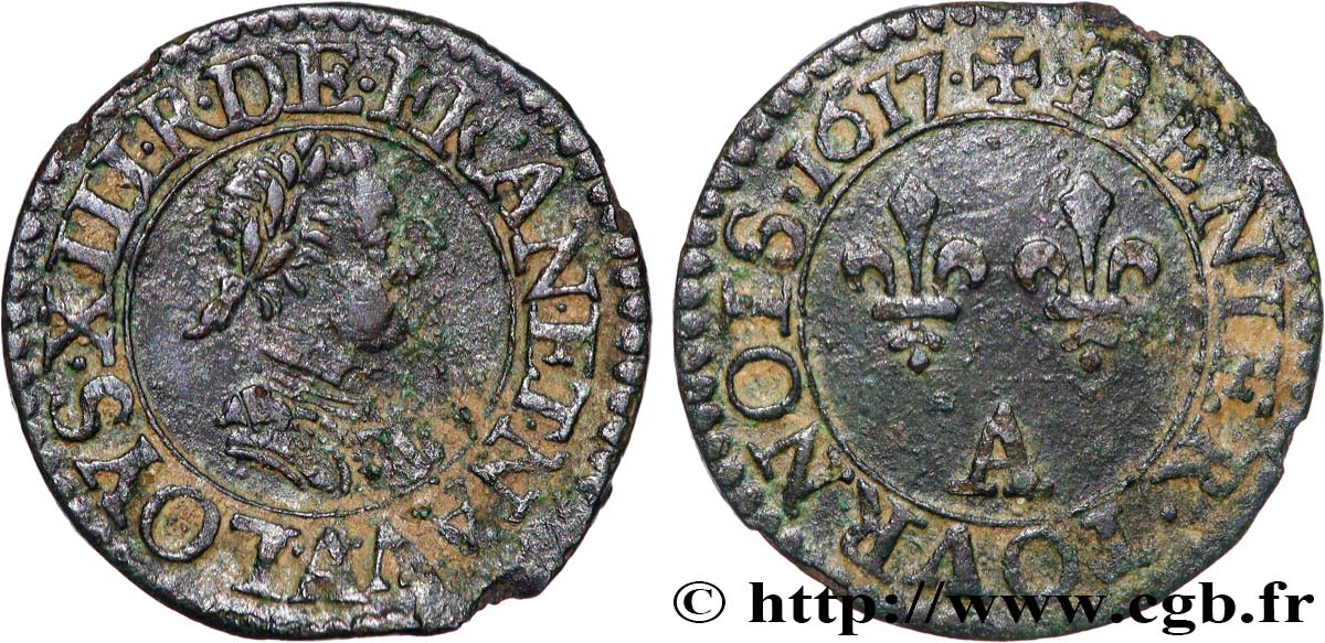 LOUIS XIII LE JUSTE Denier tournois, type 1 1617 Paris TB+