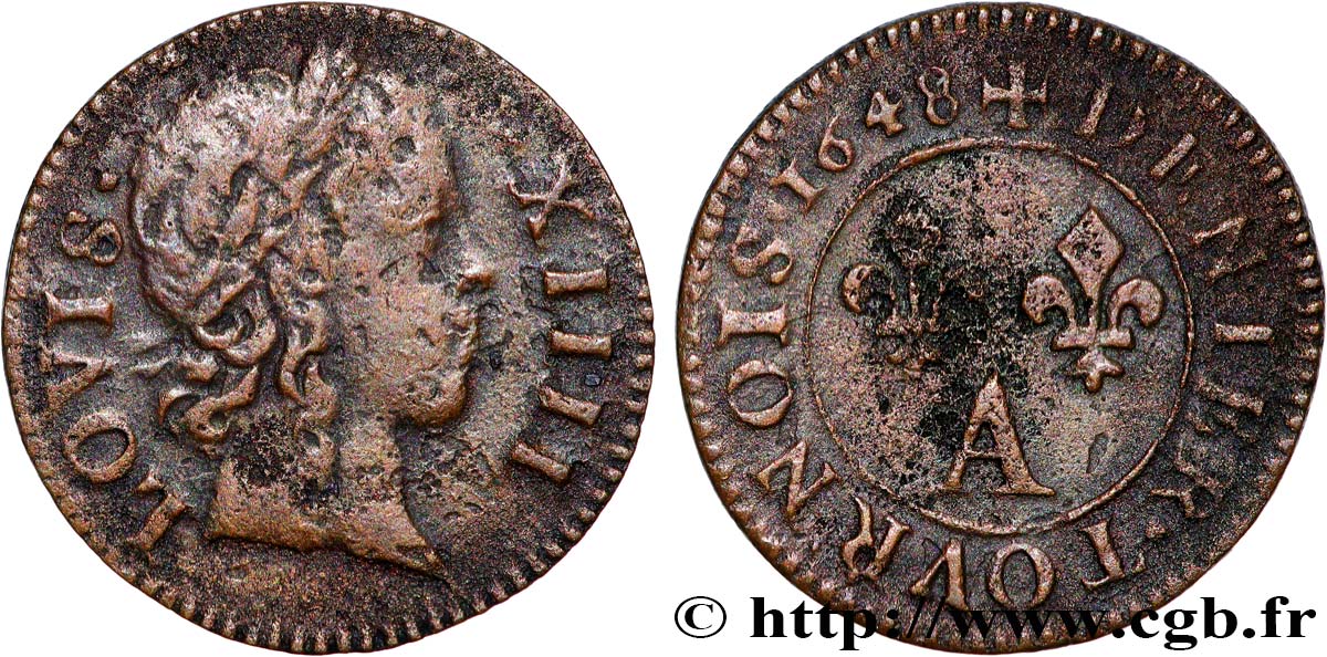 LOUIS XIV  THE SUN KING  Denier tournois 1648 Paris, Moulin du Louvre VF