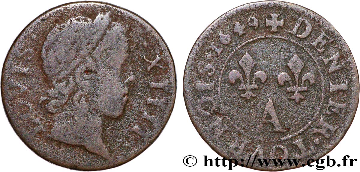 LOUIS XIV  THE SUN KING  Denier tournois 1649 Paris, Moulin du Louvre VF